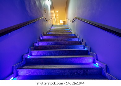 Stairs With Purple Lights. Purple Duotone Color Effect.