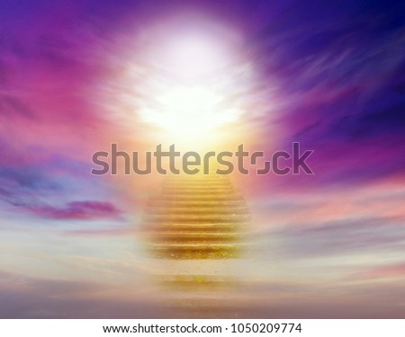 Stairs in sky . Dramatic nature background .  Sunset or sunrise with clouds, light rays and other atmospheric effect . Light from sky . Religion background . 