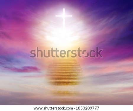 Stairs in sky . Dramatic nature background .  Sunset or sunrise with clouds, light rays and other atmospheric effect . Light from sky . Religion background . 