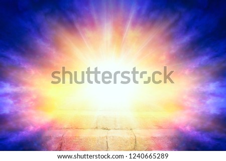 Stairs with sun beams . Way to heaven . Beautiful sky . Light at end of the tunnel.