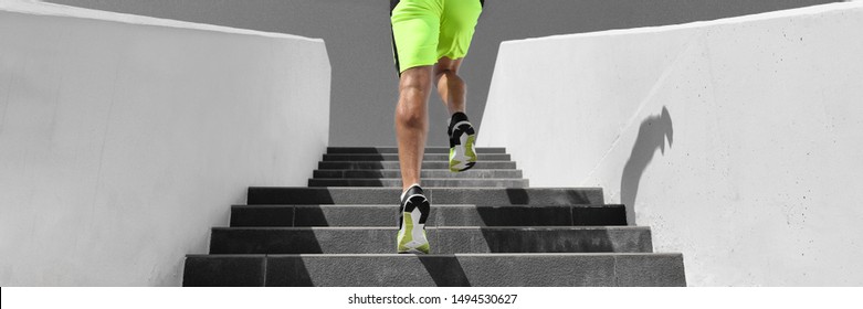 Stairs workout runner man running up climbing stair outdoor gym cardio hiit interval run training panoramic banner background. - Shutterstock ID 1494530627