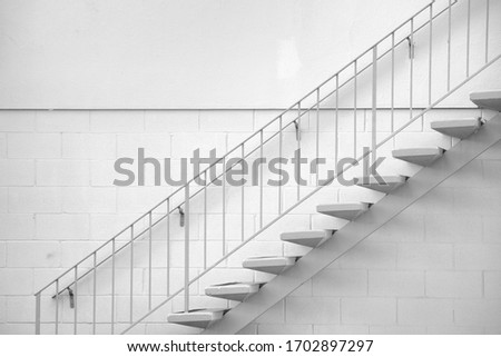 Stairway, Concrete stairs with metal banister on white brick wall, Minimal architecture pattern for simplicity banner cover graphic design.