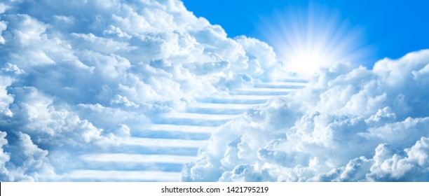 Stairway Curving Through Clouds Into The Light Of Heaven With Blue Sky - Shutterstock ID 1421795219
