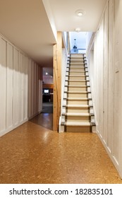 Stairway To Finished Basement In Home Interior With Wood Paneling And Cork Flooring