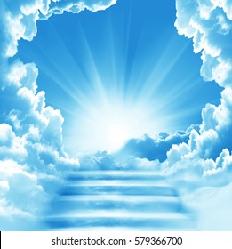 Stairway to Heaven.Stairs in sky.  Concept with sun and white clouds.Concept  Religion  background - Shutterstock ID 579366700