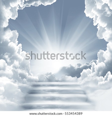 Stairway to Heaven.Stairs in sky.  Concept with sun and white clouds.Concept  Religion  background.