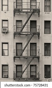 Stairway Outside Of Old Building In New York City Manhattan Apartment In Black And White.