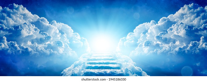 Stairway Through Clouds Leading To Heavenly Light