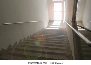 Stairway From Top With Clear Door - Concept Of Way Forward - Destination - Direction To Go