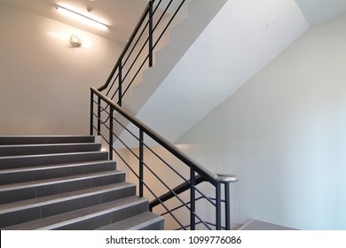 Stairwell To Emergency Exit Or Stairwell Fire Escape In Office Building.