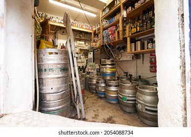 Staithes, Yorkshire, UK 10 05 2021 Beer Barrels In A Pub Cellar