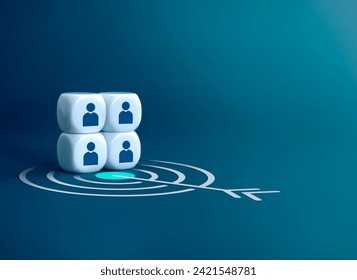 Stakeholder, business connection, partnership, HR, teamwork, and team building concept. Human icons as businessman on white blocks stack with target icon symbol on blue background with copy space.