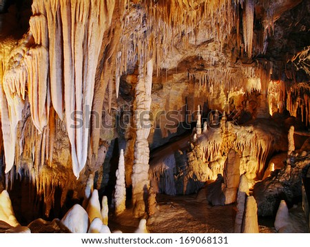 Stalactites and stalagmites in a cave.