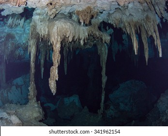 Stalactites & Stalagmites, Cave Diving, Dos Ojos Cenote, Tulam Mexico