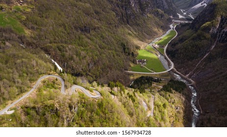 Stalheimskleiva In The Mountains Of Norway. A Curvy Road Down The Mountain.