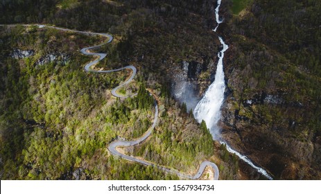 Stalheimskleiva In The Mountains Of Norway. A Curvy Road Down The Mountain.