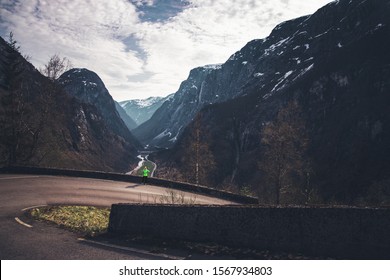 Stalheimskleiva In The Mountains Of Norway. A Curvy Road Down The Mountain.