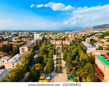 Stalin Avenue aerial panoramic view in Gori, Georgia. Gori is a city in eastern Georgia, which serves as the regional capital of Shida Kartli.