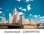 Stalin skyscraper on Kotelnicheskaya embankment in Moscow. View from the Moskva River