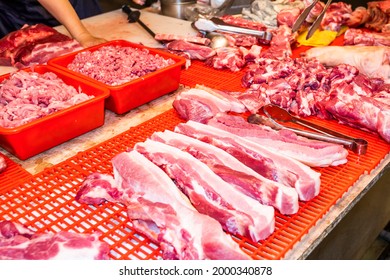 A stall selling pork at the traditional market in Kaohsiung, Taiwan. This is a large traditional market in North Kaohsiung, Taiwan