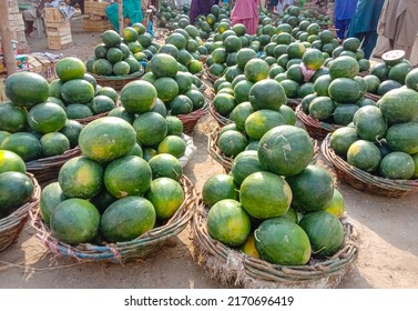 Stall of watermelon in market. Watermelon stall in market for sale. Stall of fruit in market. Fruit market. With Selective Focus on the subject.