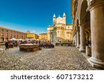 stalls of antique market in the main square of Modena in Italy
