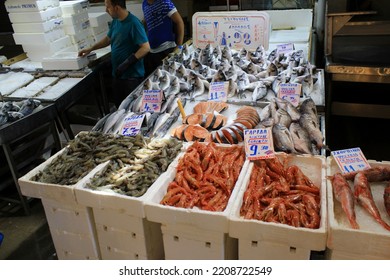 Stalls With Sea Food At Fish Market In Athens, Greece, July 27 2020.