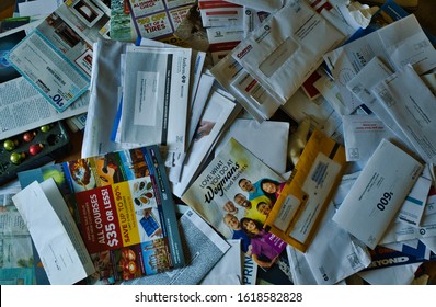 Stamford, Connecticut/ USA - Circa January 2020:Abstract Still Life Photo Of Mass Of Mail, Including Bills And Direct Mail Advertising. Illustration Of Clutter.