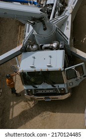 Stamford Connecticut USA - Circa June 2022:Concrete Pumping Mack Truck. High Angle Front Abstract View.