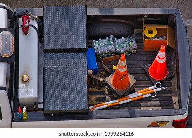 Stamford, Connecticut USA - Circa November, 2020:Bed Of Pickup Truck With Good Supply Of Bottled Water Among The Construction Items. Abstract Overhead View. 