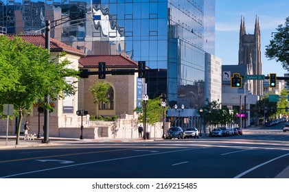 Stamford, Connecticut USA - June 19, 2022:Lower Atlantic Street In Downtown Stamford On A Bright Summer Morning.