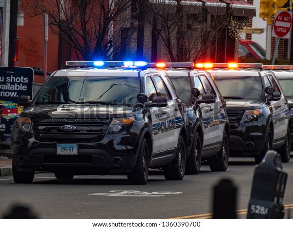 Stamford,\
Connecticut / USA - March 10 2019: Group of Stamford Ct. Police\
SUVs respond to location in\
DowntownStamford.