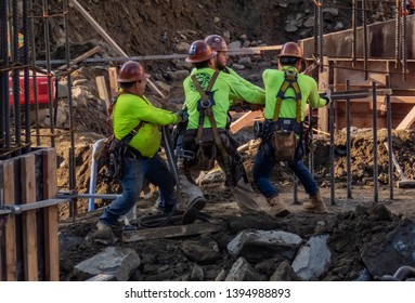 Stamford, Connecticut / USA - May 8, 2019:Construction Crew Working On The Foundation Of Atlantic Station Building 2.