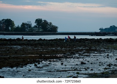 Stamford, CT, USA - October 6, 2017: Dusk Scene Of Men With Fishing Gear Walking At The Park In Stamford Connecticut On October 6th
