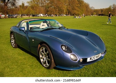 Stamford, Lincolnshire, England-April 9, 2017. Blue convertible car close up. Car show at the Burghley House grounds.