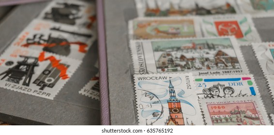 stamp collecting. Philatelic. Different brands in the album for stamps