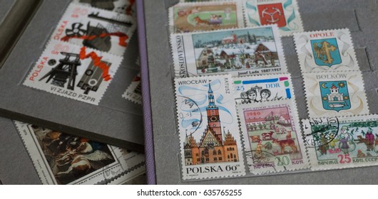 stamp collecting. Philatelic. Different brands in the album for stamps