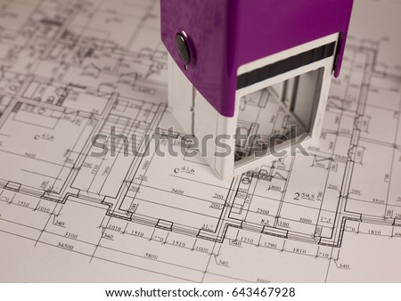 Stamp on plan of house background. Finance and growth of business