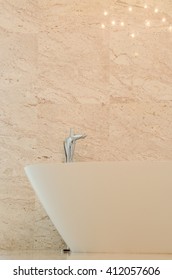 Stand Alone Bathtub , Travertine Tile Wall