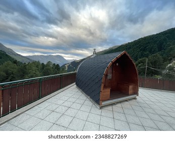 Stand alone sauna at Rifugio Forni Hutte. Beautiful private sauna only for couples at Forni Hutte in Lombardia inside Stelvio Park