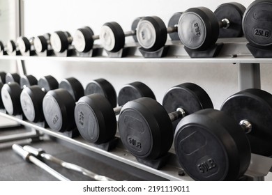 Stand with dumbbells. Sports and fitness room. Weight Training Equipment. Black dumbbell set, many dumbbells on rack in sport fitness center