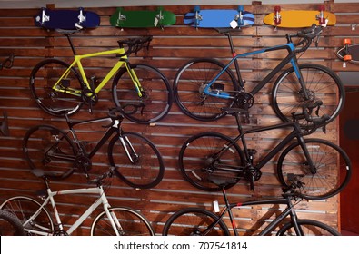Stand with new bicycles in shop