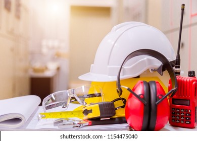 Standard Construction Safety Equipment In Control Room, Construction And Safety Concept.