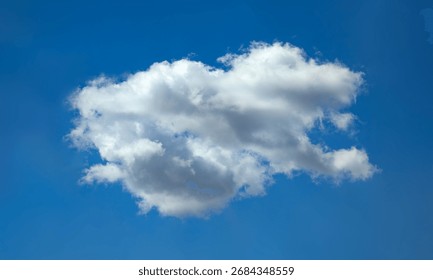 A standard, ordinary, simple cloud with a complex texture structure. Blue sky with white clouds background. Curly clouds on sunny summer day. Light cloudy good weather. Poster mock up soft focus.