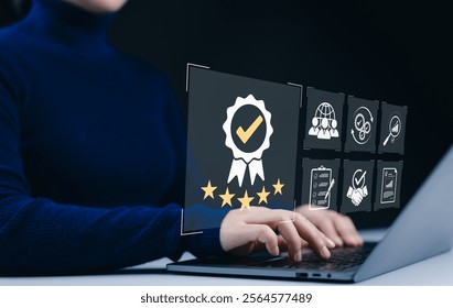 Standard Quality Control Certification Concept. quality control and assurance, featuring icons for certification, global standards, performance metrics, and compliance, ISO certification industrial,
