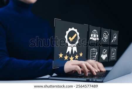 Standard Quality Control Certification Concept. quality control and assurance, featuring icons for certification, global standards, performance metrics, and compliance, ISO certification industrial,