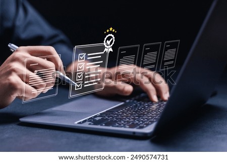 Standardization and certification concept. Businessman with document, quality certificate and checklist, setting marketing planning assignment with quality management