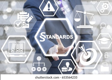 STANDARDS LAW COMPLIANCE REGULATIONS BUSINESS Concept. Businessman Touched Paragraph Standard Text Icon On Virtual Screen. Judicial People Work Security Technology.