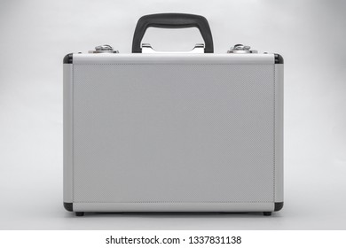 standing aluminum case in silver with black handle and two closures