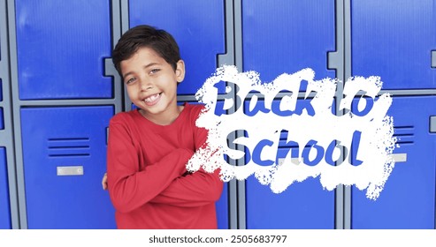 Standing with arms crossed, boy in red shirt over Back to School text, image. Education, childhood, student, kid, confidence, learning - Powered by Shutterstock